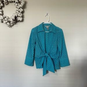 Women's Teal Eyelet Tie Waist Cardigan